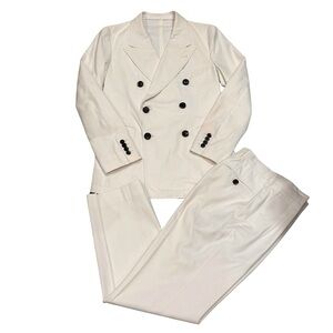 DRIES VAN NOTEN DOUBLE-BREASTED COTTON-BLEND SUIT ECRU / IVORY 48